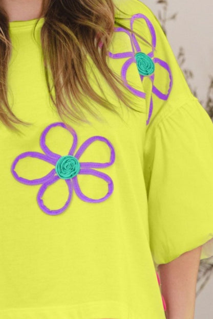 ODDI Full Size Flower Embroidery Detail T-Shirt