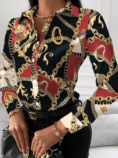 Printed Collared Neck Long Sleeve Shirt Wine