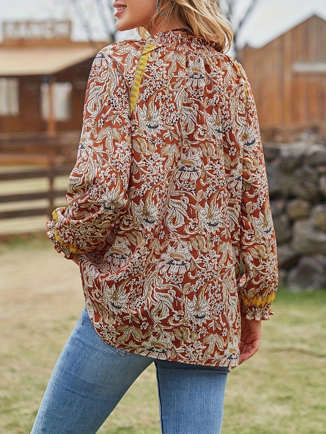 Full Size Printed Notched Long Sleeve Blouse - Thandynie