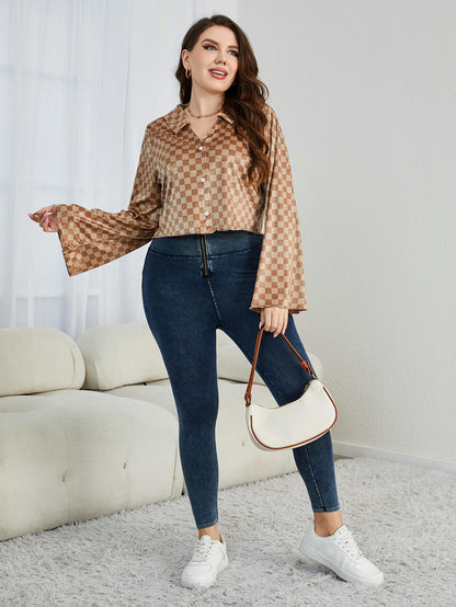 Plus Size Checkered Johnny Collar Flare Sleeve Shirt