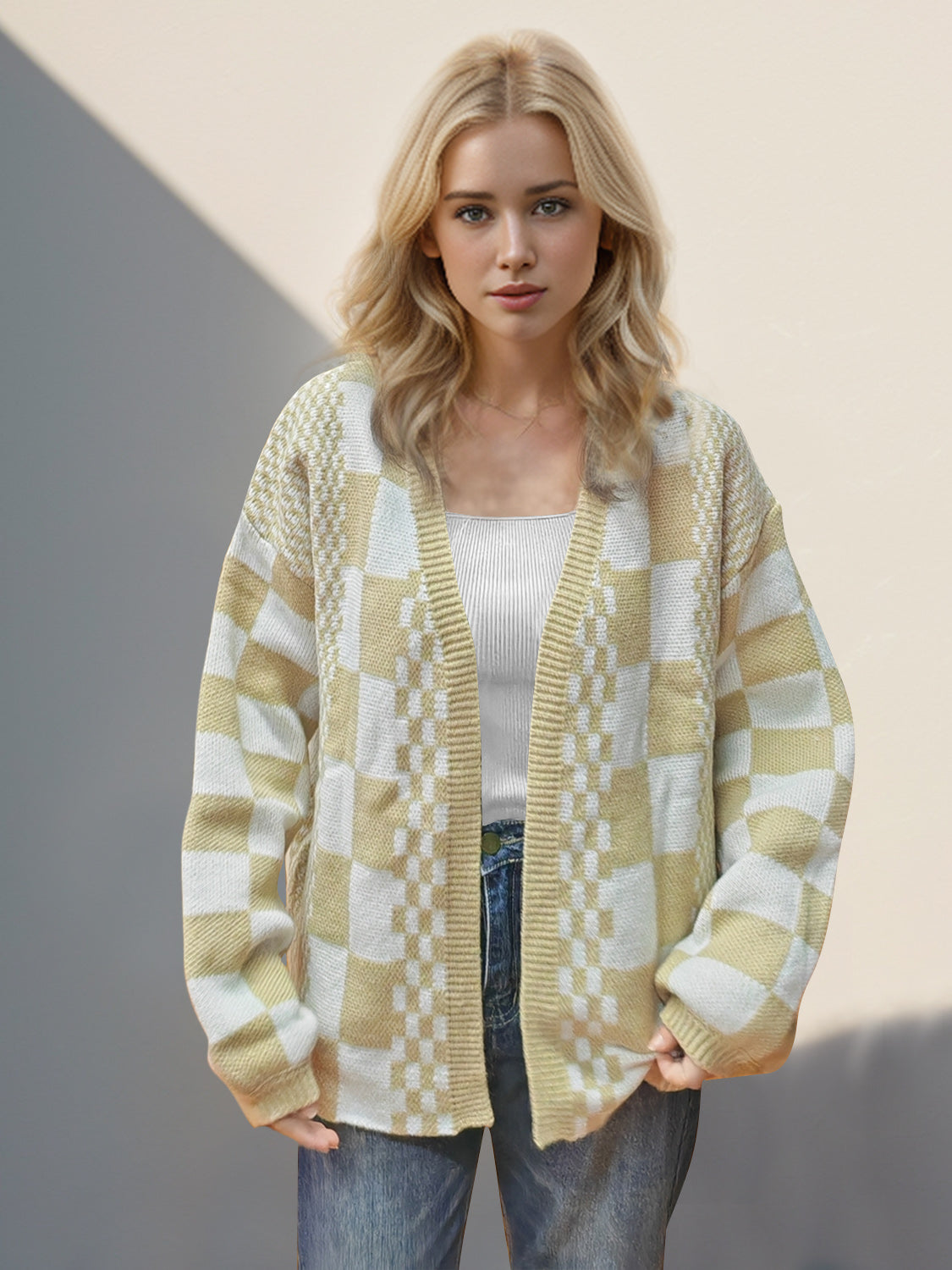 Double Take Checkered Open Front Dropped Shoulder Cardigan Tan