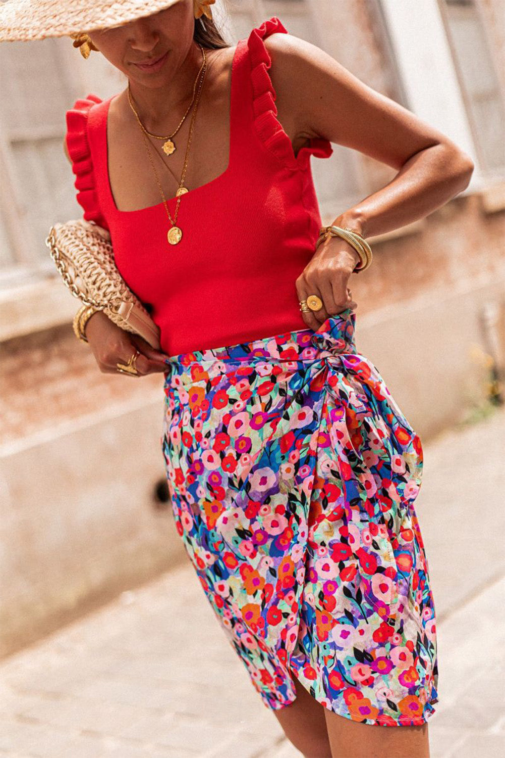 Red Floral Wrapped Lace up Mini Skirt