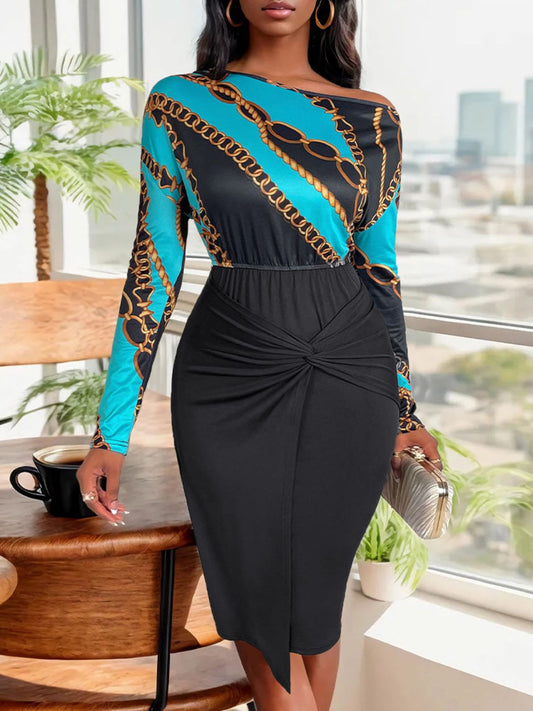 Perfee Twisted Printed Long Sleeve Dress Black