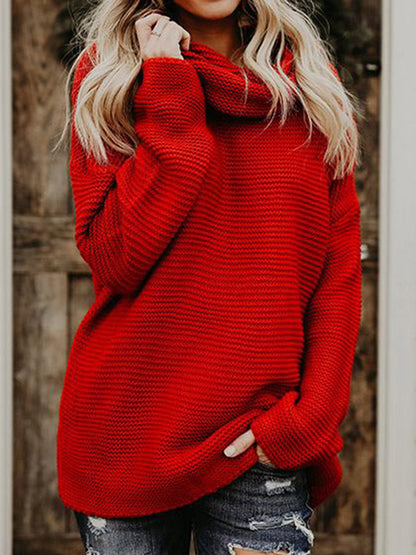 Turtleneck Dropped Shoulder Slit Sweater Deep Red