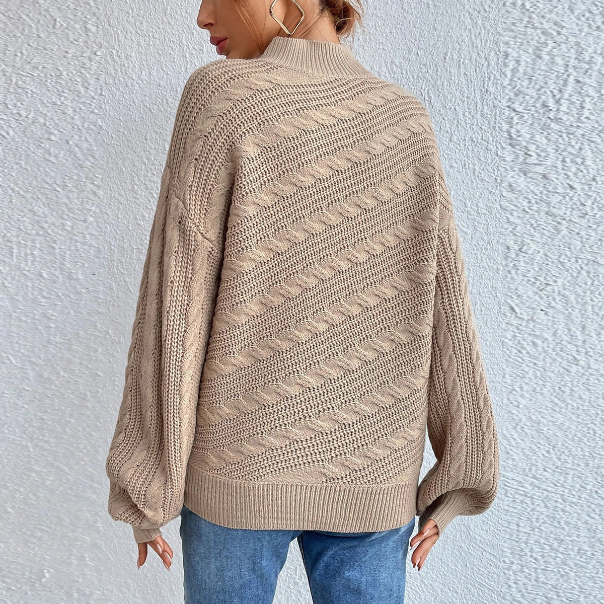 Cable-Knit Mock Neck Long Sleeve Sweater