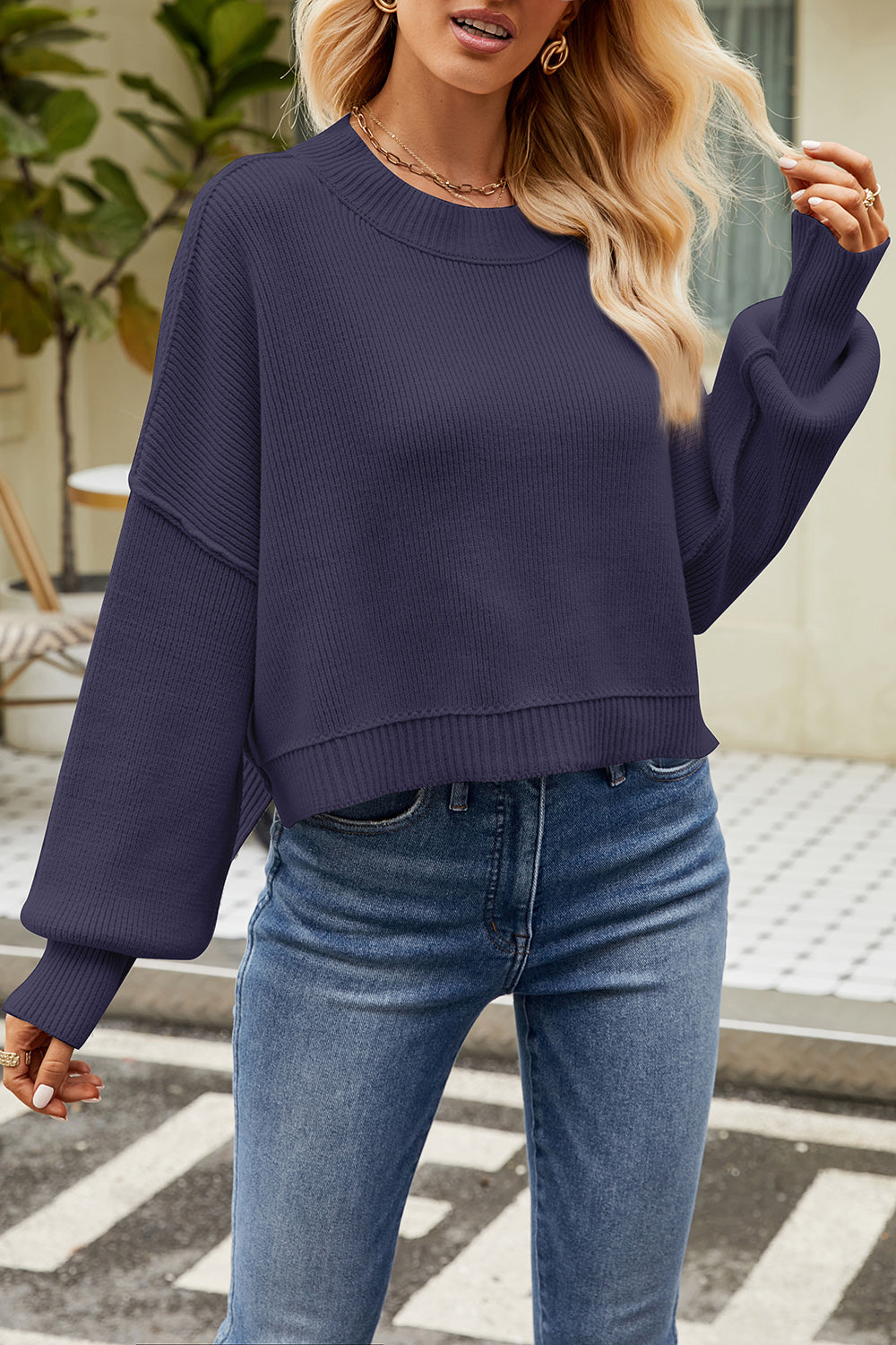 Round Neck Dropped Shoulder Sweater Dark Blue