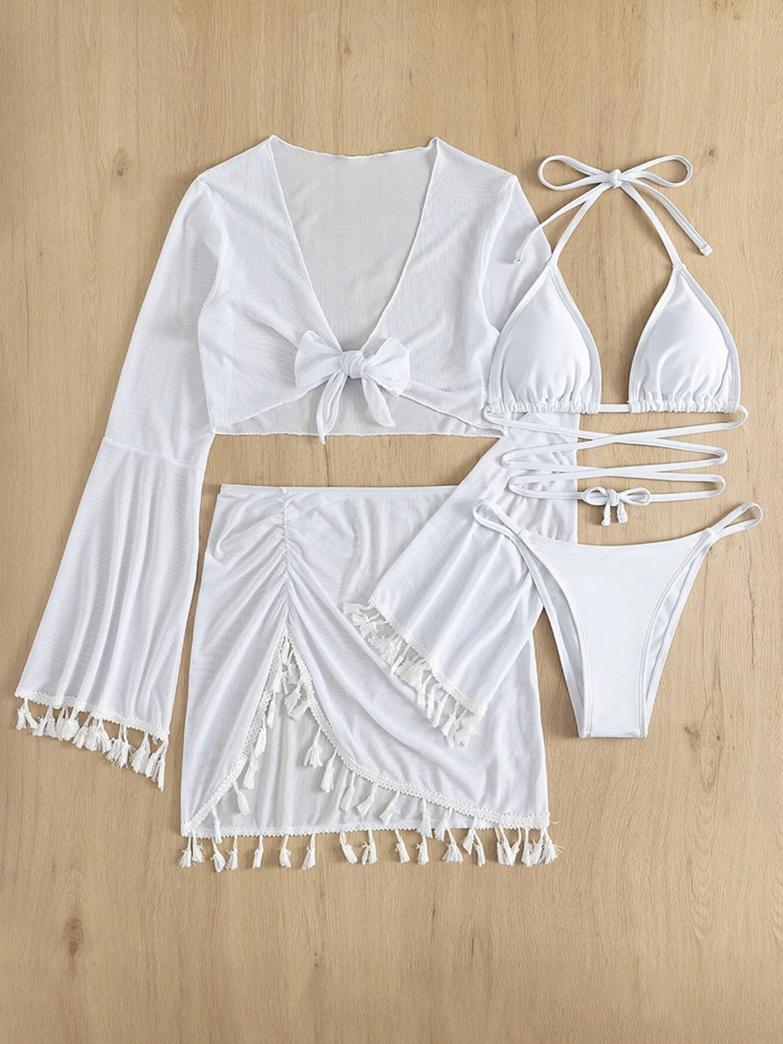 Halter Neck Bra, Bottom, Tassel Flare Sleeve Cover-Up and Skirt Four-Piece Swim Set - Thandynie