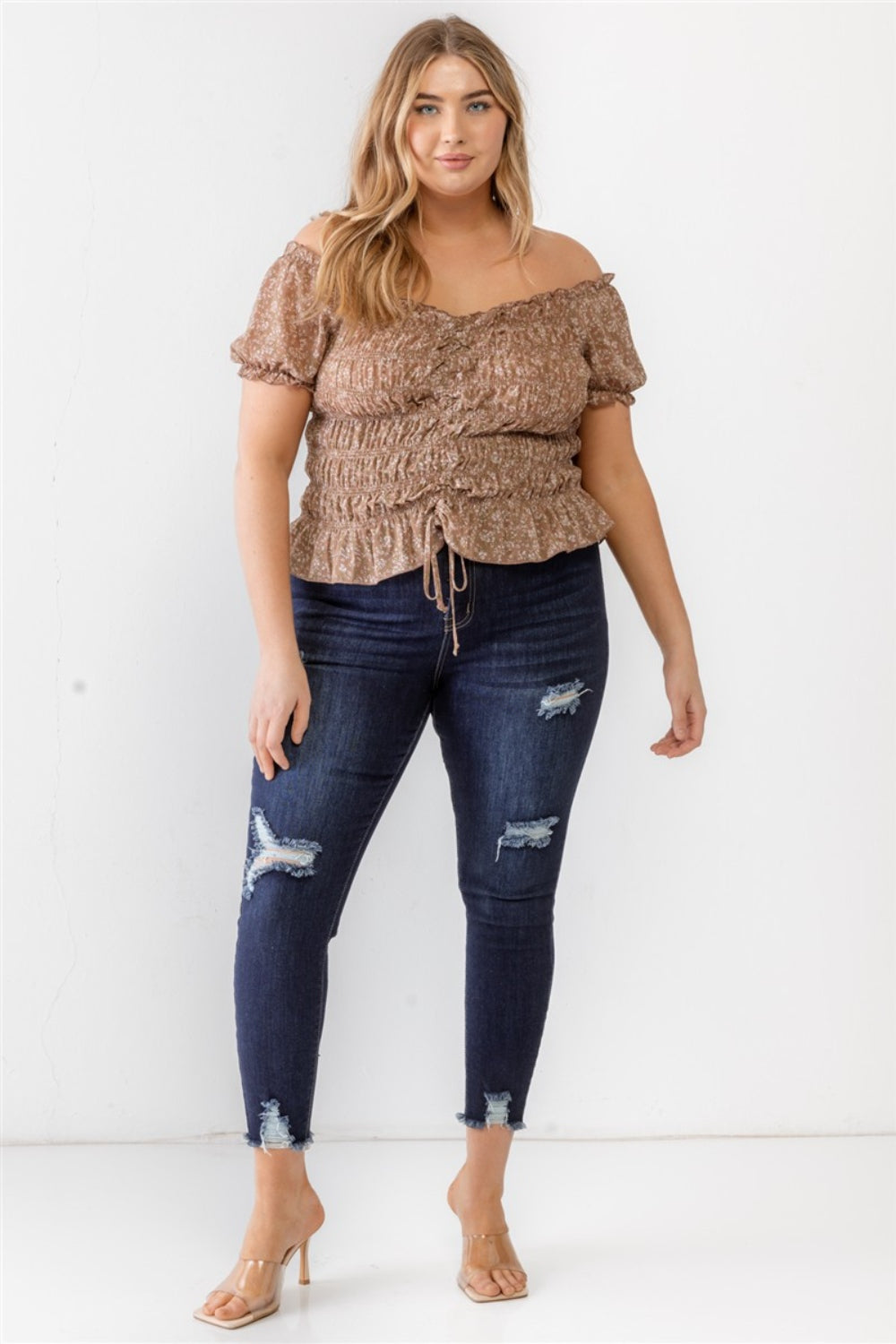 Zenobia Plus Size Frill Ruched Off-Shoulder Short Sleeve Blouse - Thandynie