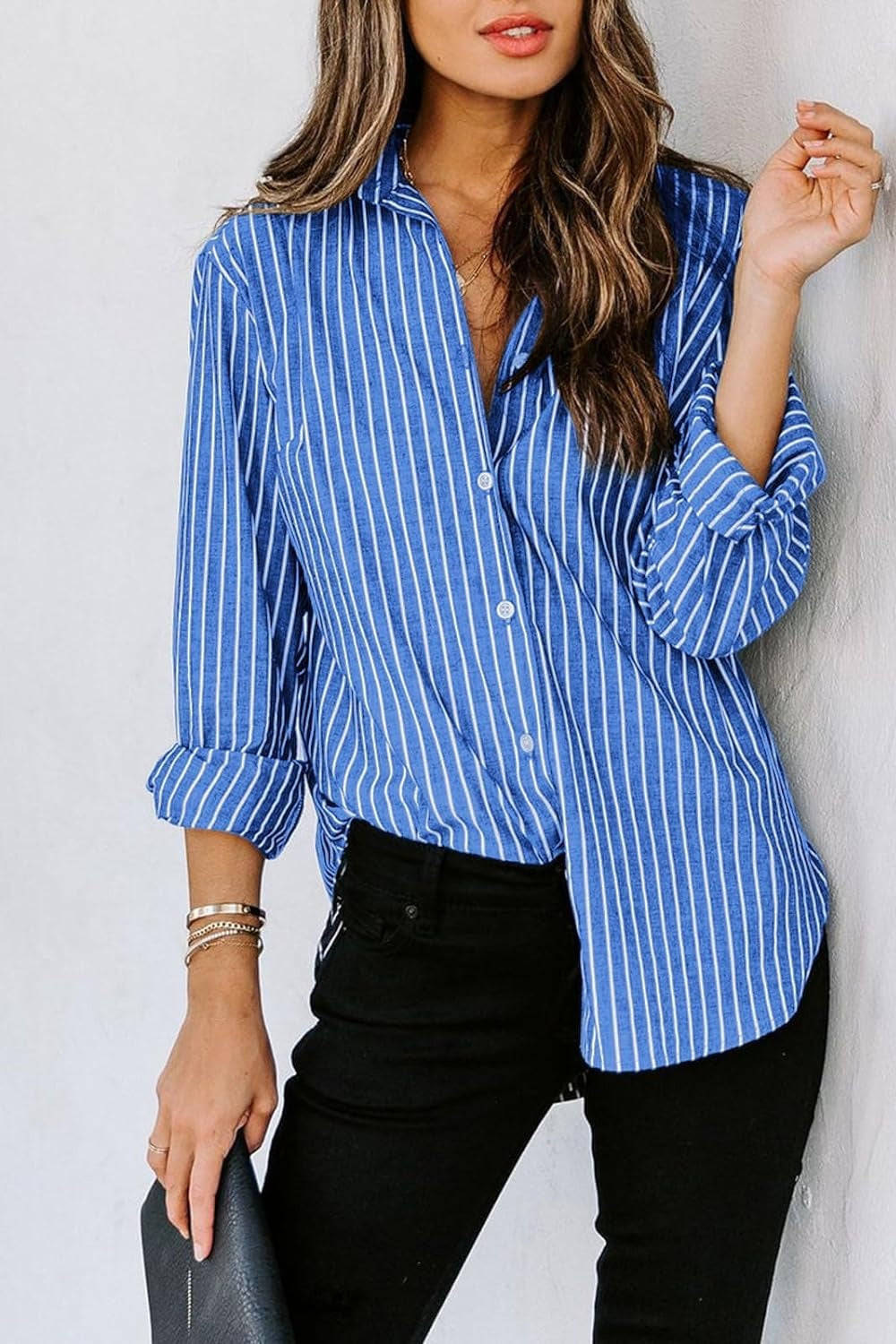 Striped Button Up Long Sleeve Shirt - Thandynie