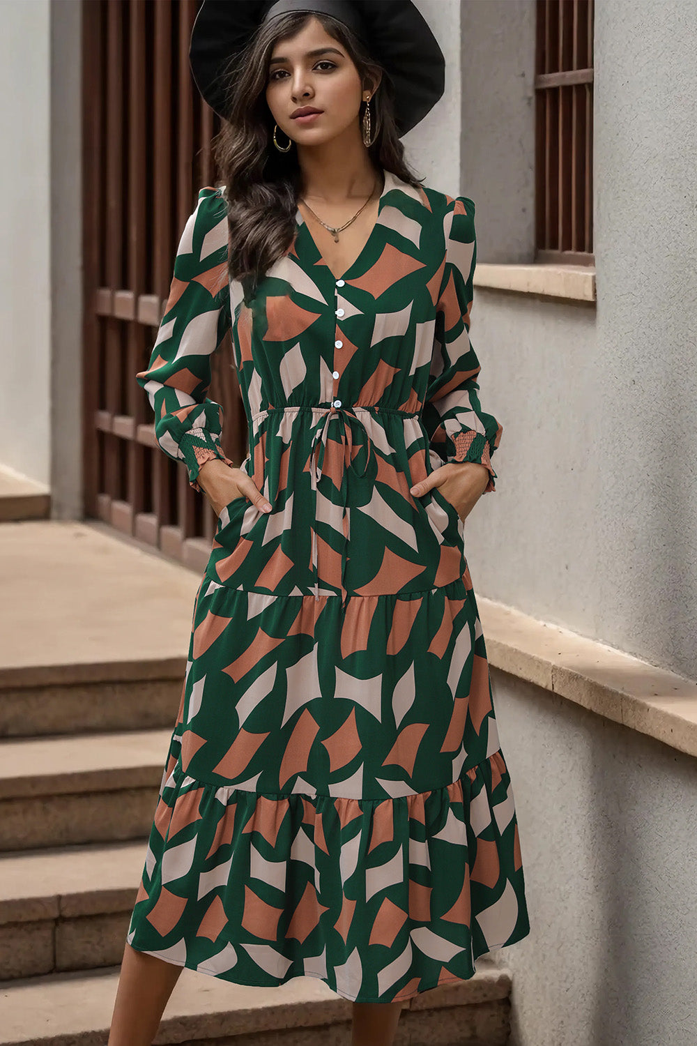 Printed Tied Pocketed Lantern Sleeve Dress Dark Green