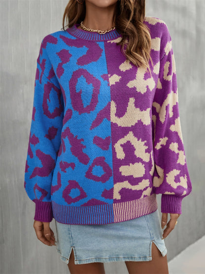 Leopard Round Neck Long Sleeve Sweater Violet