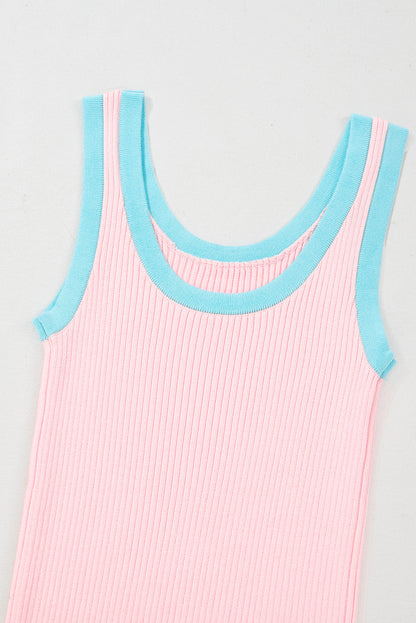 Pink Colorblock Edge Ribbed Knit U Neck Tank Top