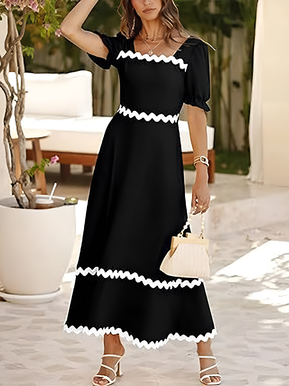 Contrast Square Neck Short Sleeve Dress