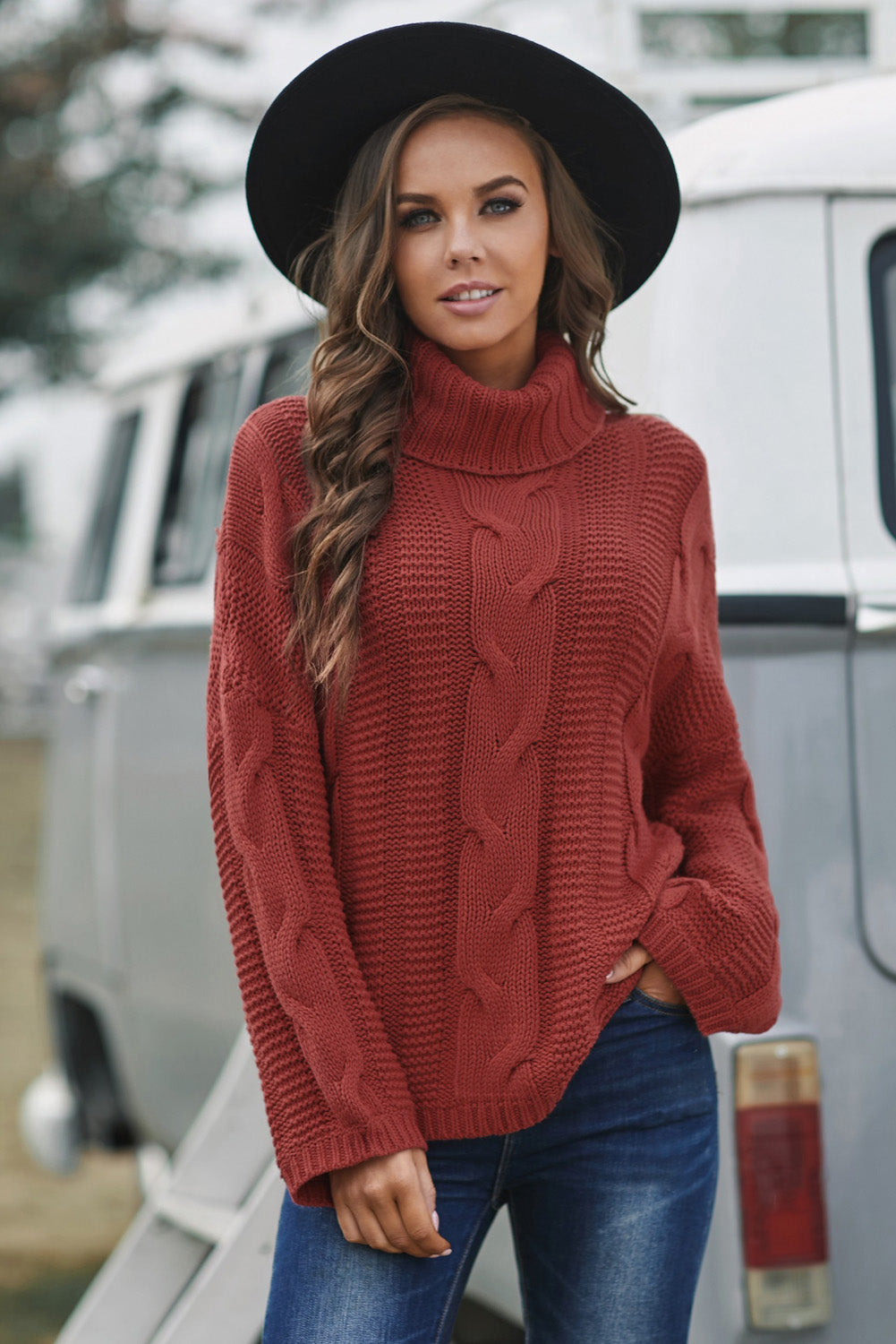 Cable-Knit Turtleneck Dropped Shoulder Sweater Deep Red