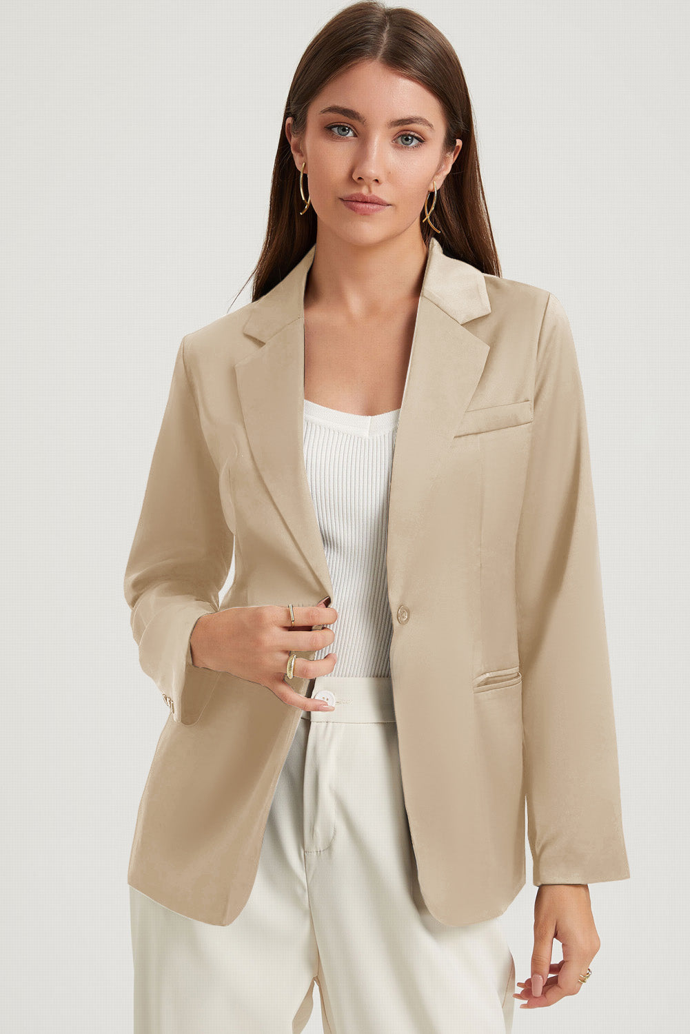 Long Sleeve Lapel Collar Blazer Tan