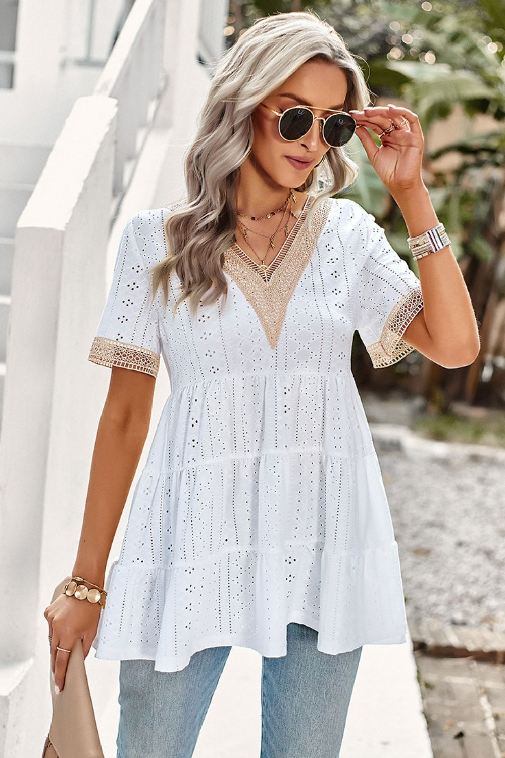 Contrast Short Sleeve Tiered Blouse White