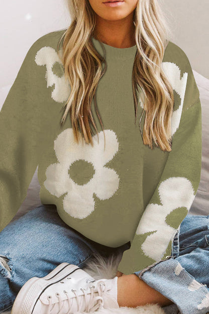 Round Neck Floral Pattern Color Contrast Design Long Sleeve Sweater Sage