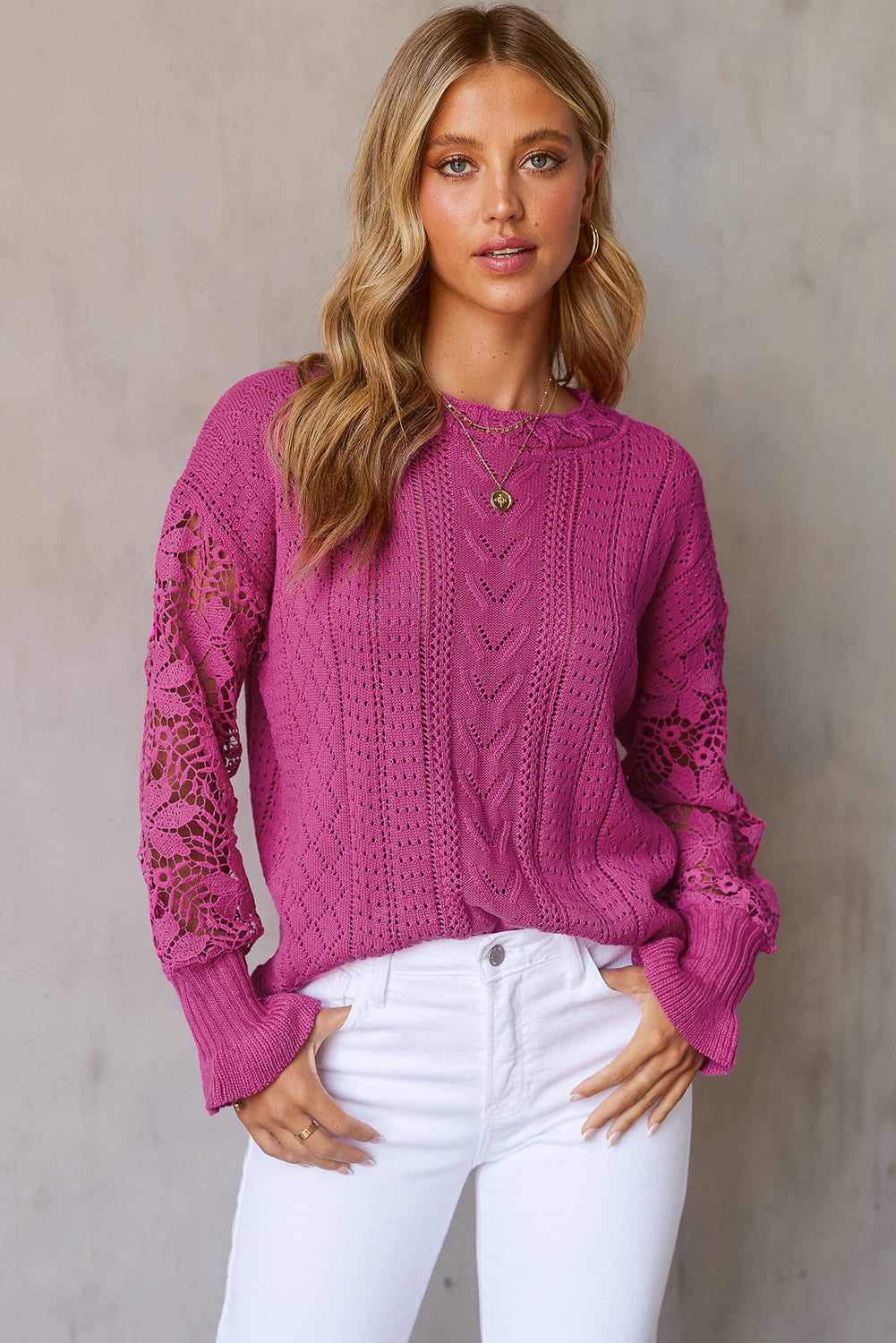 Openwork Lantern Sleeve Dropped Shoulder Sweater Hot Pink