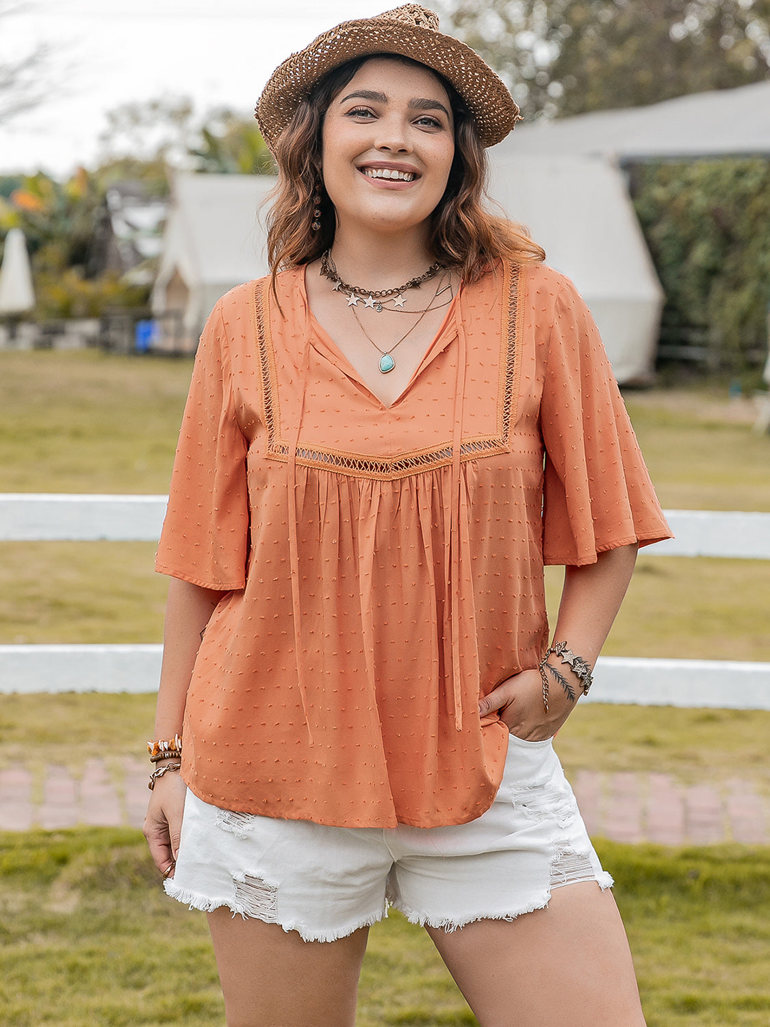 Plus Size Ruched Tie Neck Half Sleeve Blouse Tangerine