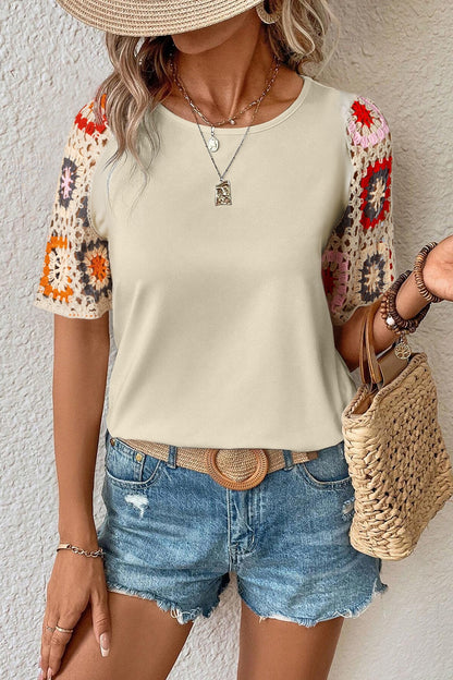 Geometric Round Neck Short Sleeve Blouse Ivory