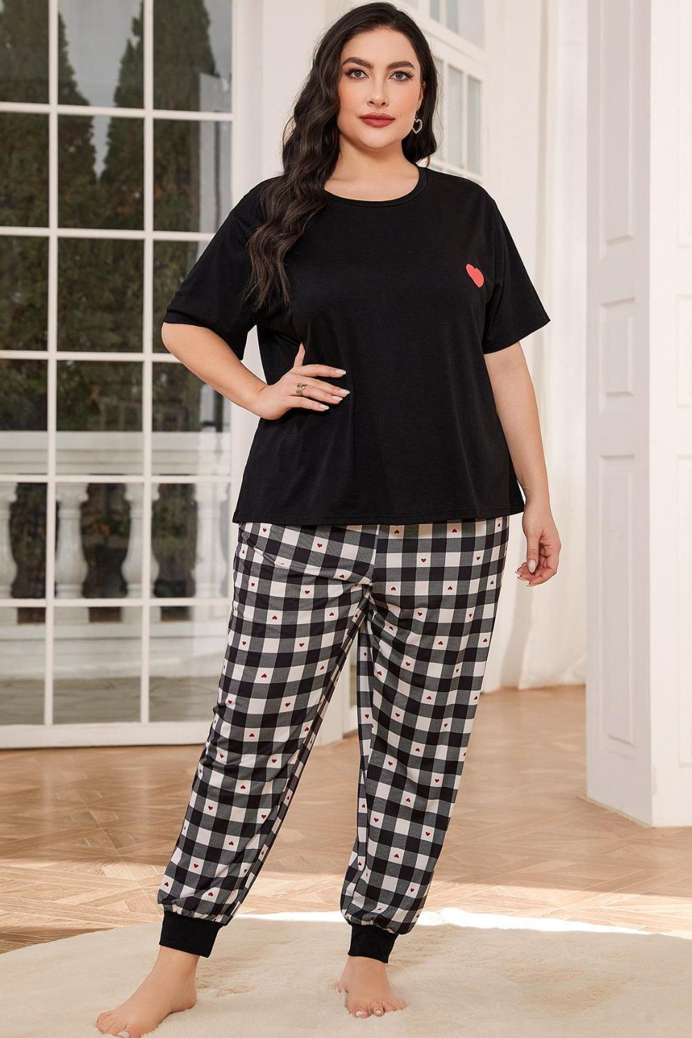 Plus Size Round Neck Short Sleeve Two-Piece Lounge Set Black