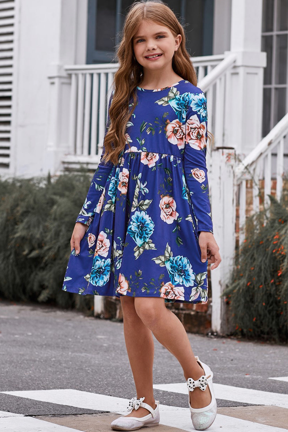 Girls Floral Long Sleeve Dress with Pockets