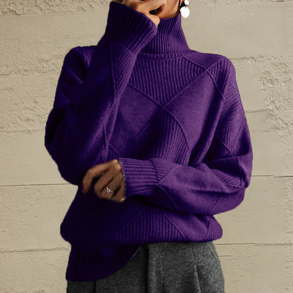 Geometric Turtleneck Long Sleeve Sweater Deep Purple