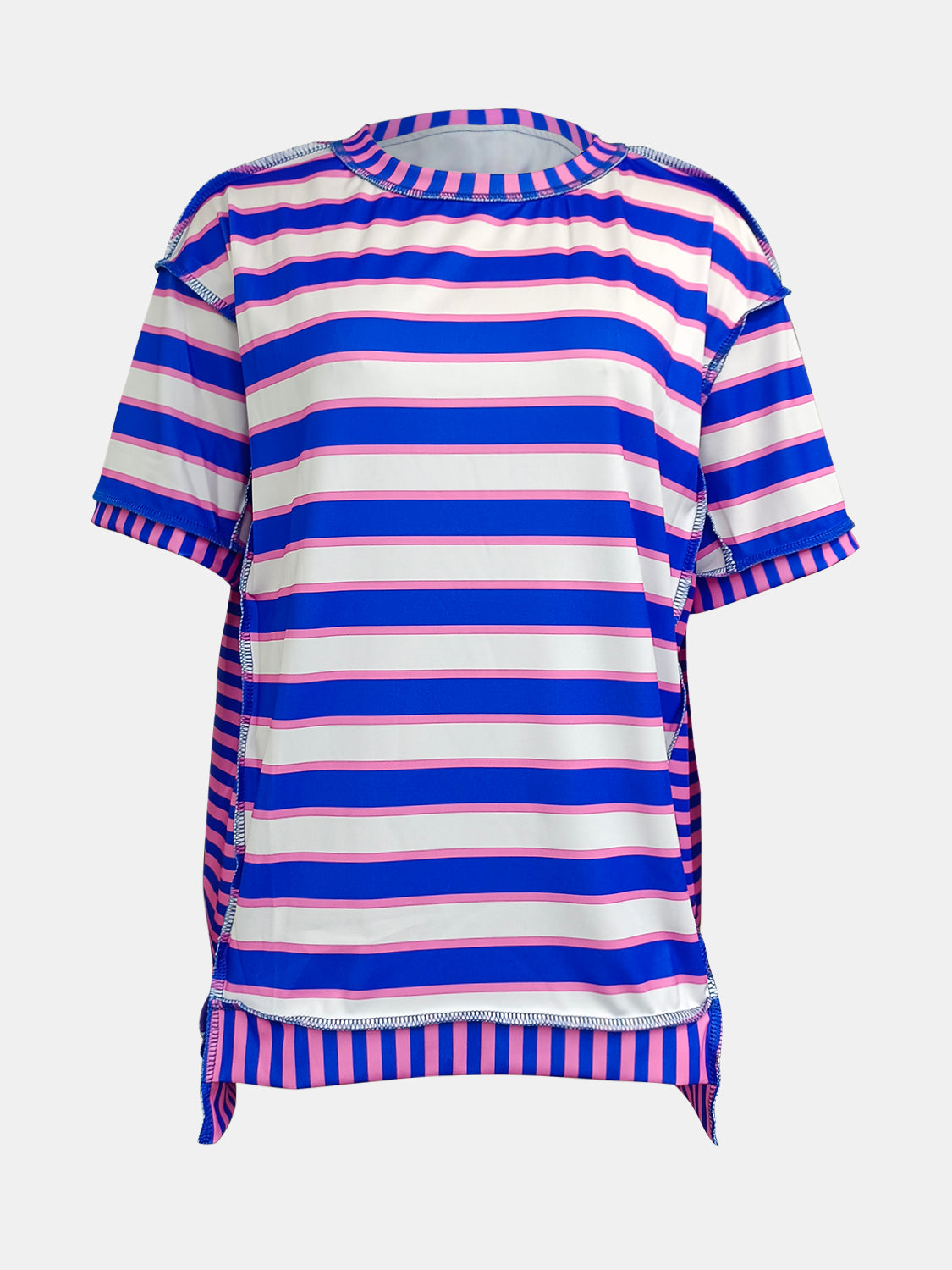 Full Size Contrast Stitching Striped Round Neck T-Shirt