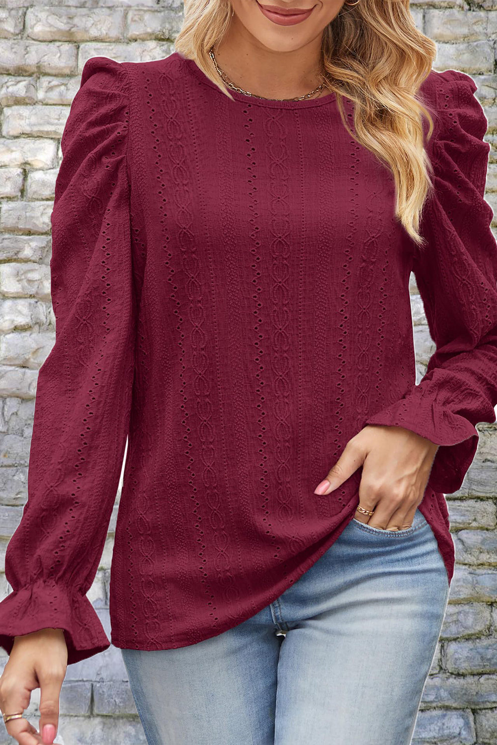 Round Neck Puff Sleeve Blouse Wine