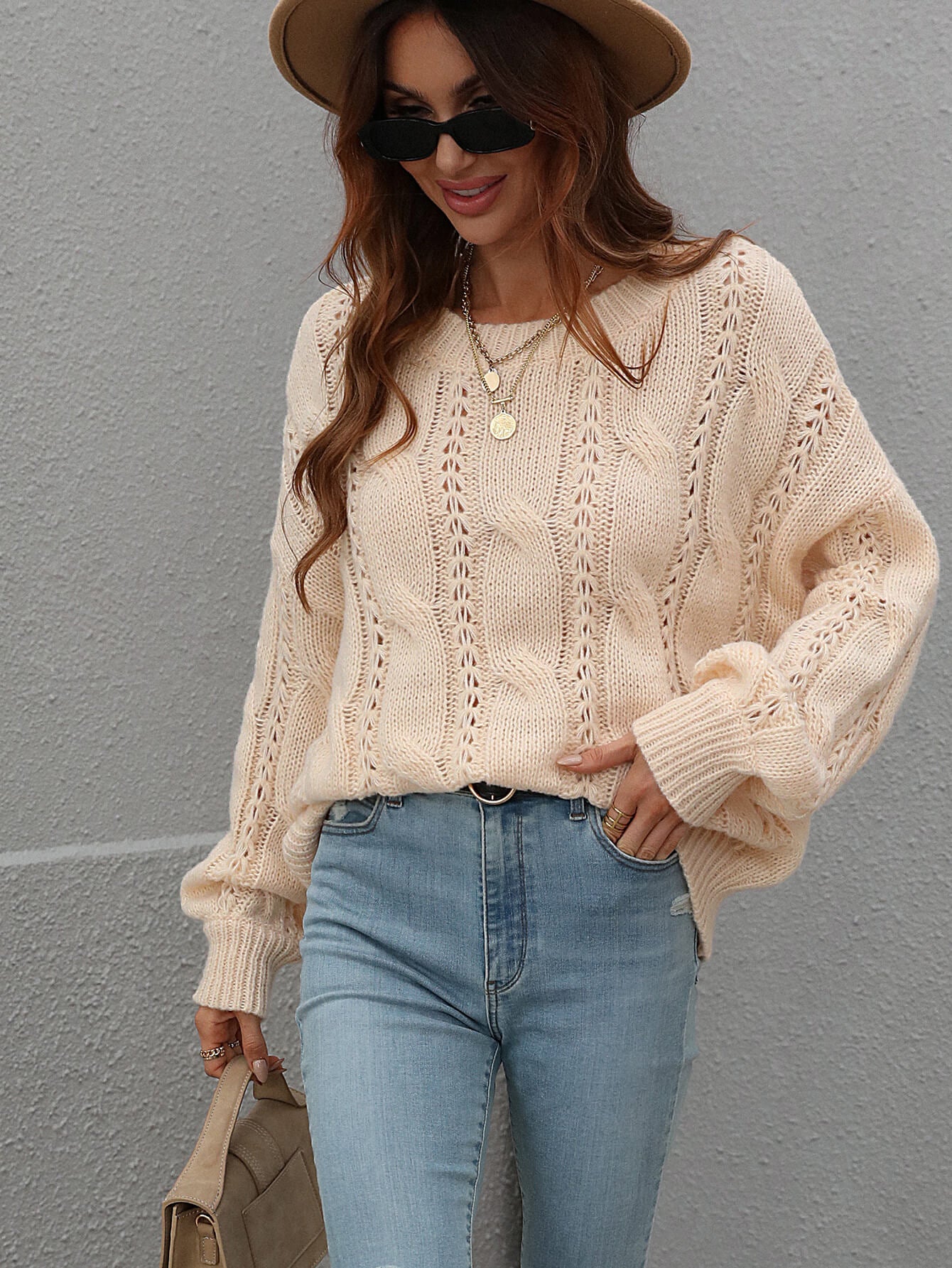 Woven Right Cable-Knit Openwork Round Neck Sweater Beige