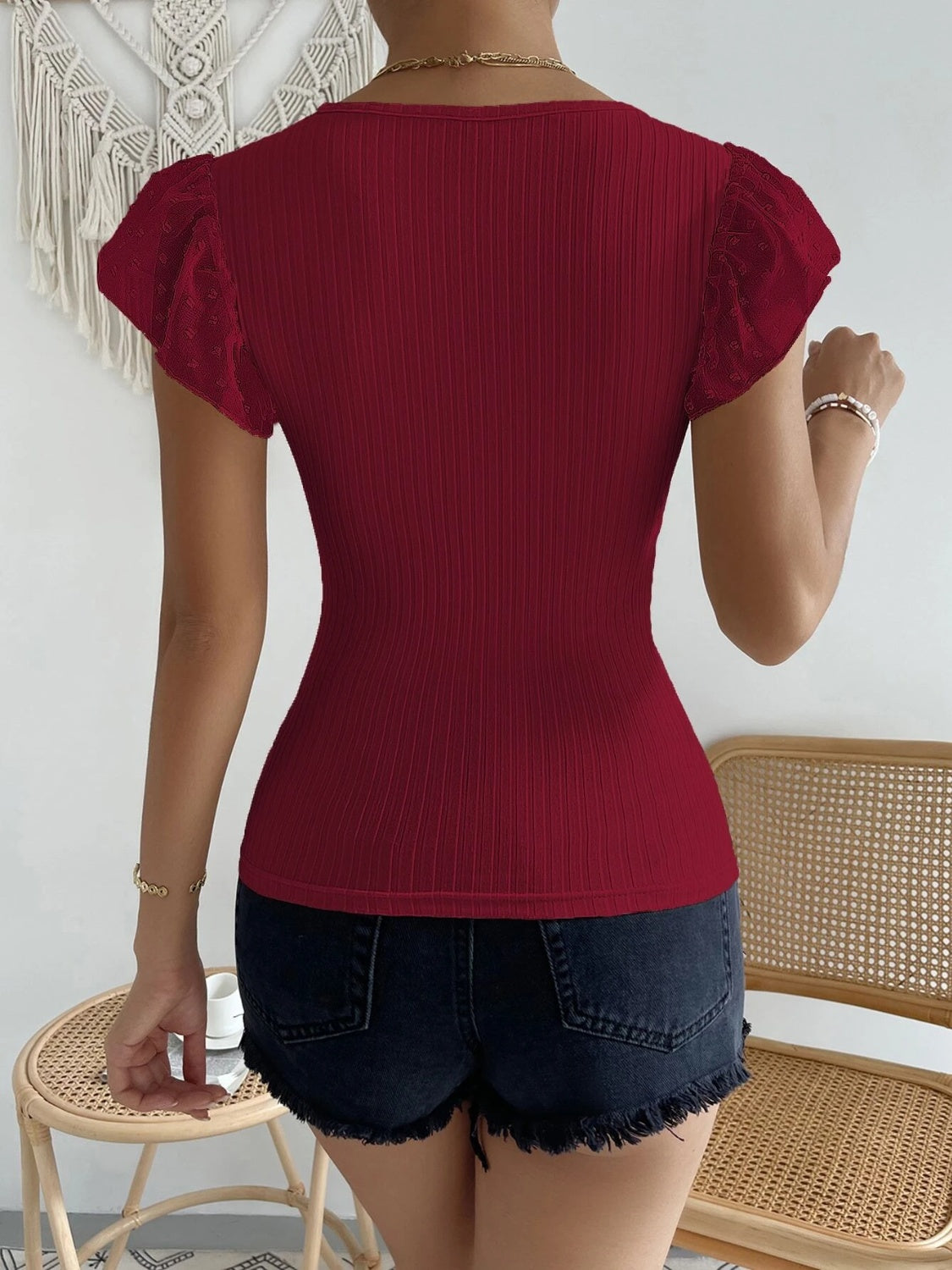 Swiss Dot Round Neck Cap Sleeve Top - Thandynie