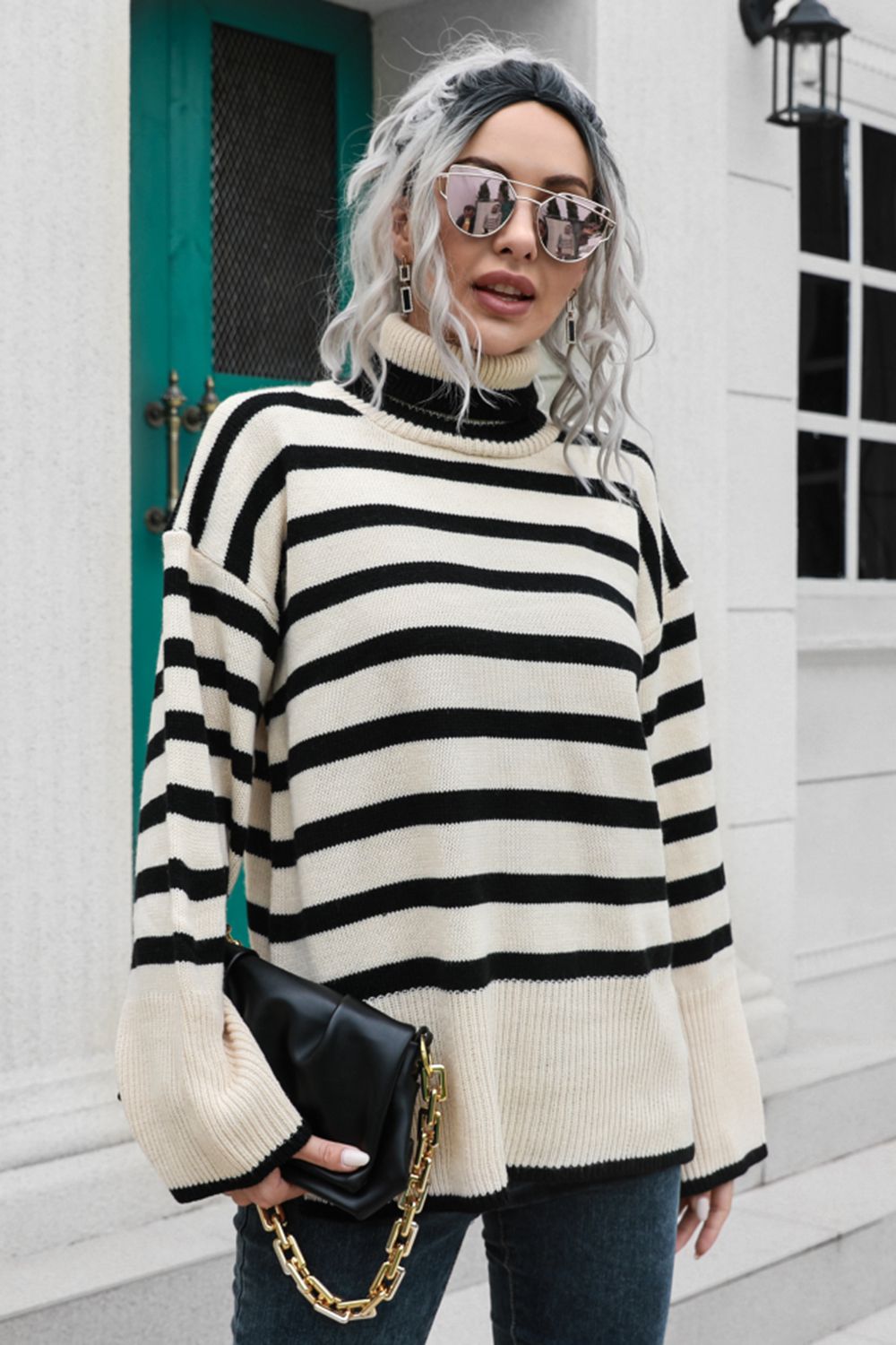 Striped Turtleneck Drop Shoulder Sweater Beige