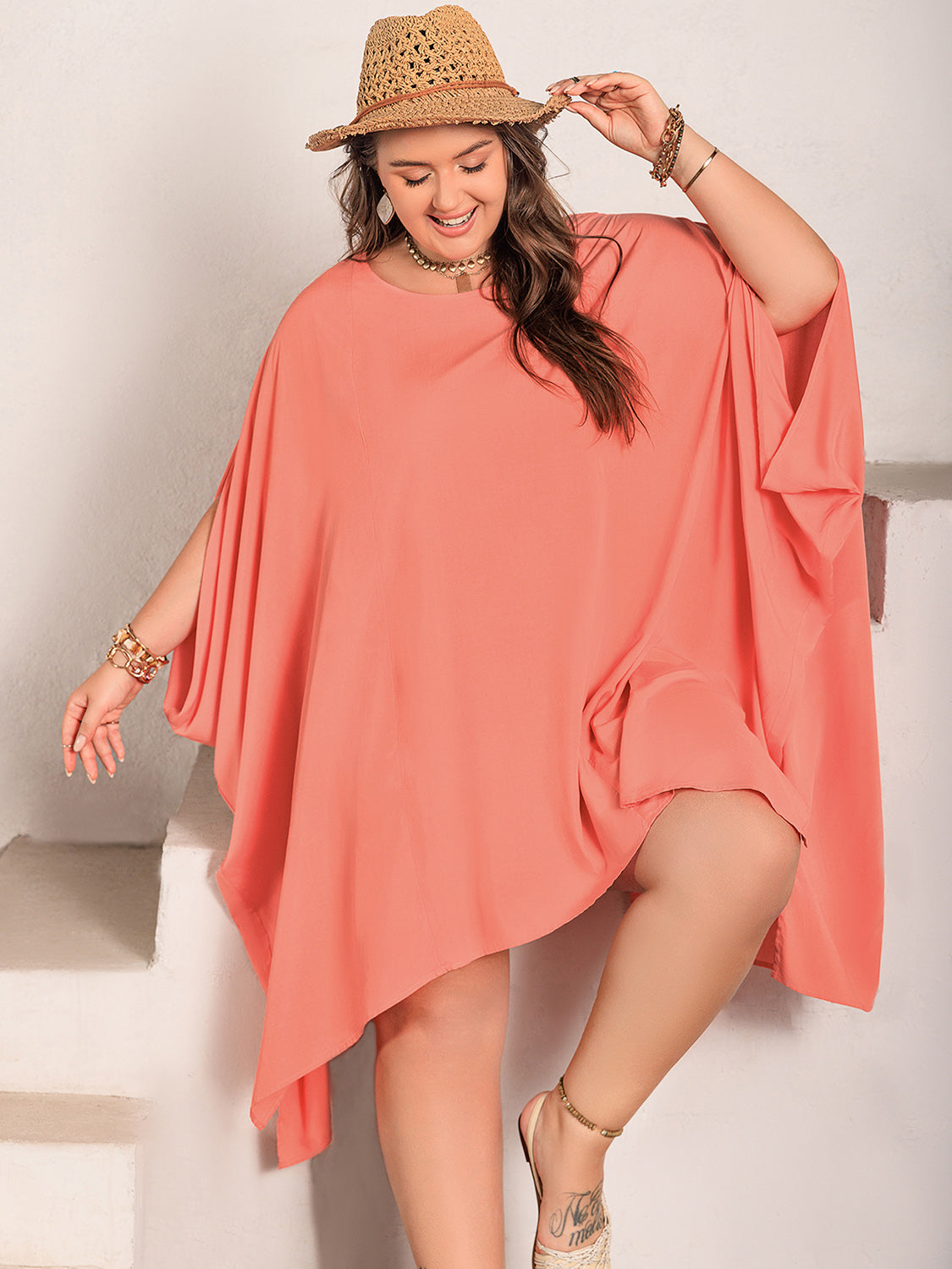 Plus Size Round Neck Batwing Sleeve Mini Dress - Thandynie