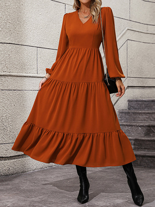 V-Neck Long Sleeve Tiered Dress Terracotta