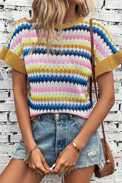 Striped Round Neck Short Sleeve Sweater Multicolor