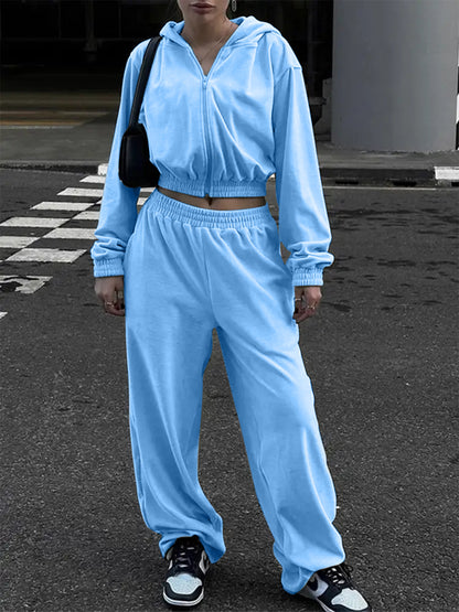 Zip Up Hoodie and Pocketed Pants Set Pastel Blue