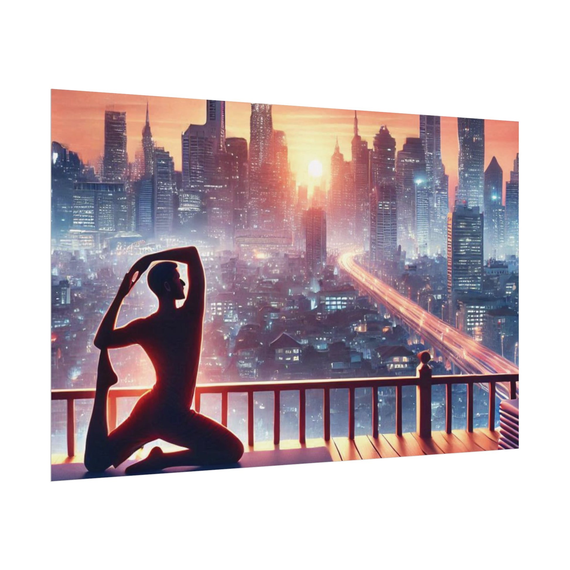 Yoga Poster, Cityscape Sunset Art, Rolled Wall Art, Pink Orange Skyline Decor, Urban Zen Meditation, Rooftop Exercise Print, Relaxation Gift