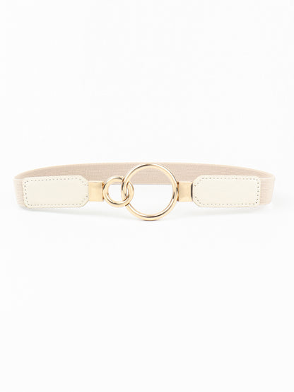 Double Ring Buckle Elastic PU Belt Cream One Size