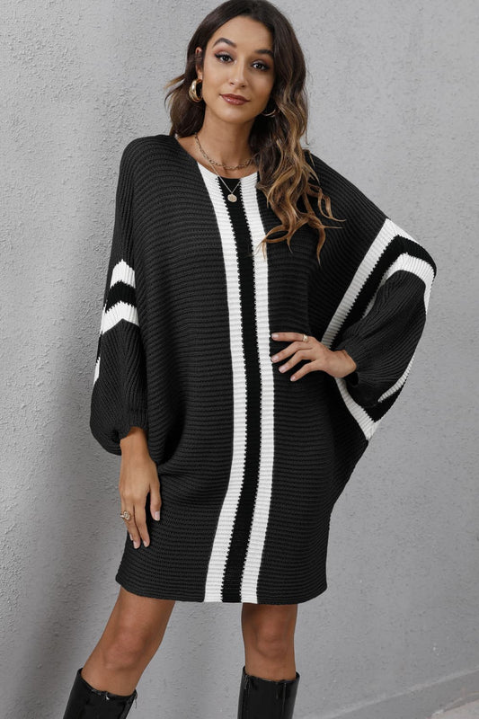 Ribbed Round Neck Long Sleeve Sweater Dress Black