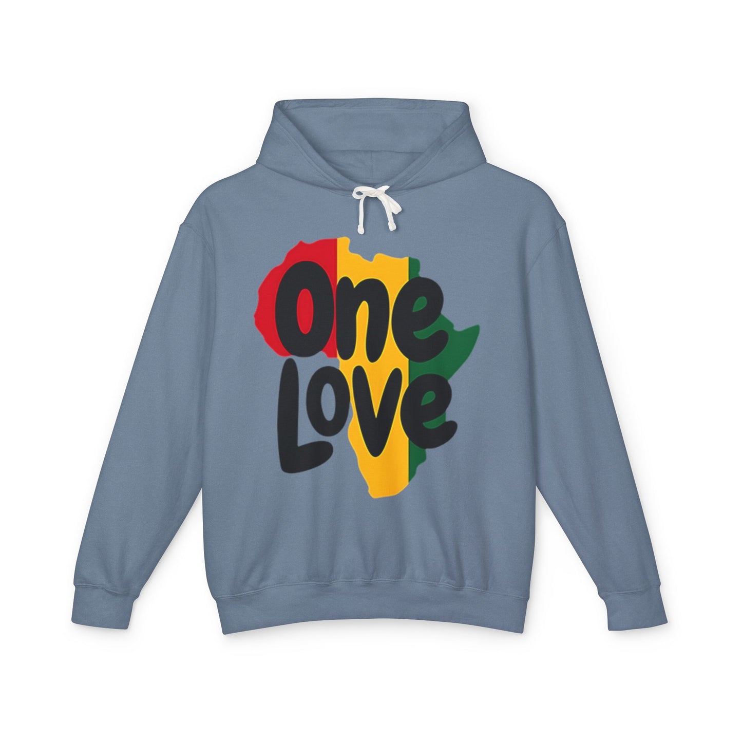 One Love Rasta Lightweight Hooded Sweatshirt - Red Yellow Green Black Color Scheme, Reggae Culture, Positive Vibes, Unity and Peace, Blue Jean