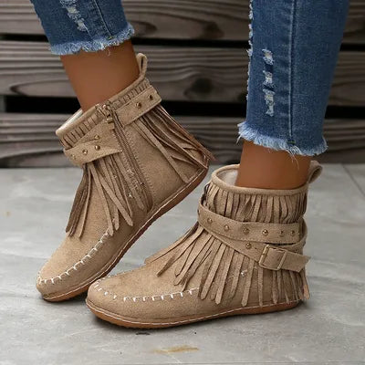 Fringe Studded Suede Flat Boots Beige