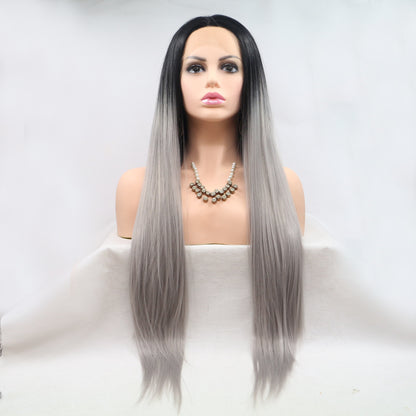 13*3" Lace Front Wigs Synthetic Long Straight 24" 130% Density Black Grey One Size