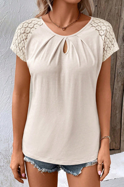 Cutout Round Neck Lace Short Sleeve T-Shirt Tan