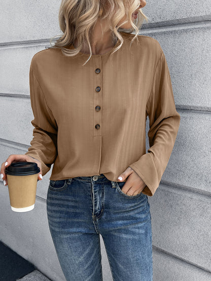 Half Button Long Sleeve Blouse Camel