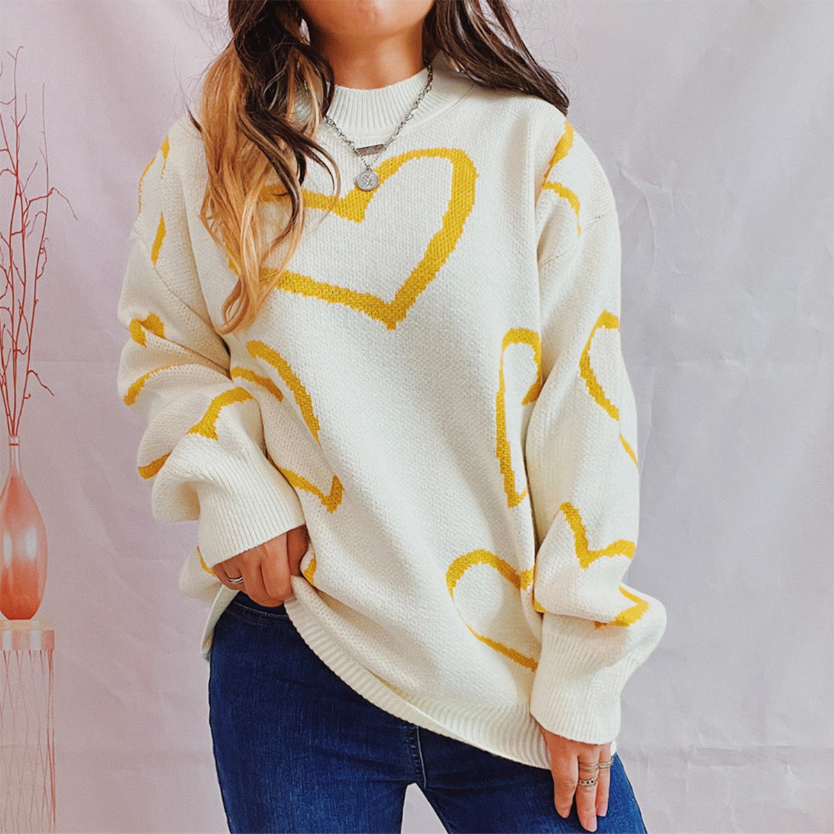 Heart Pattern Long Sleeve Sweater Banana Yellow