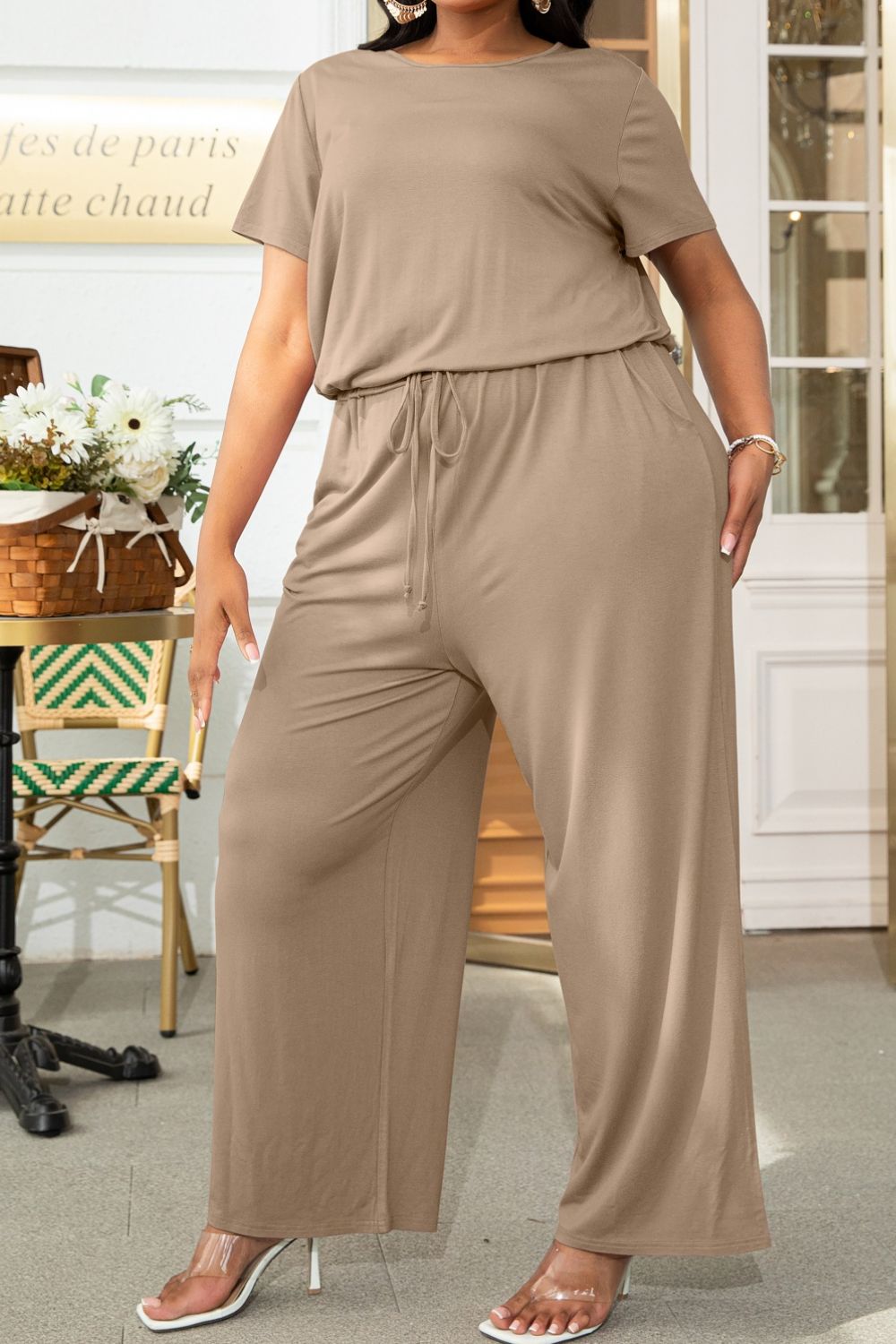 Plus Size Drawstring Waist Short Sleeve Jumpsuit Tan