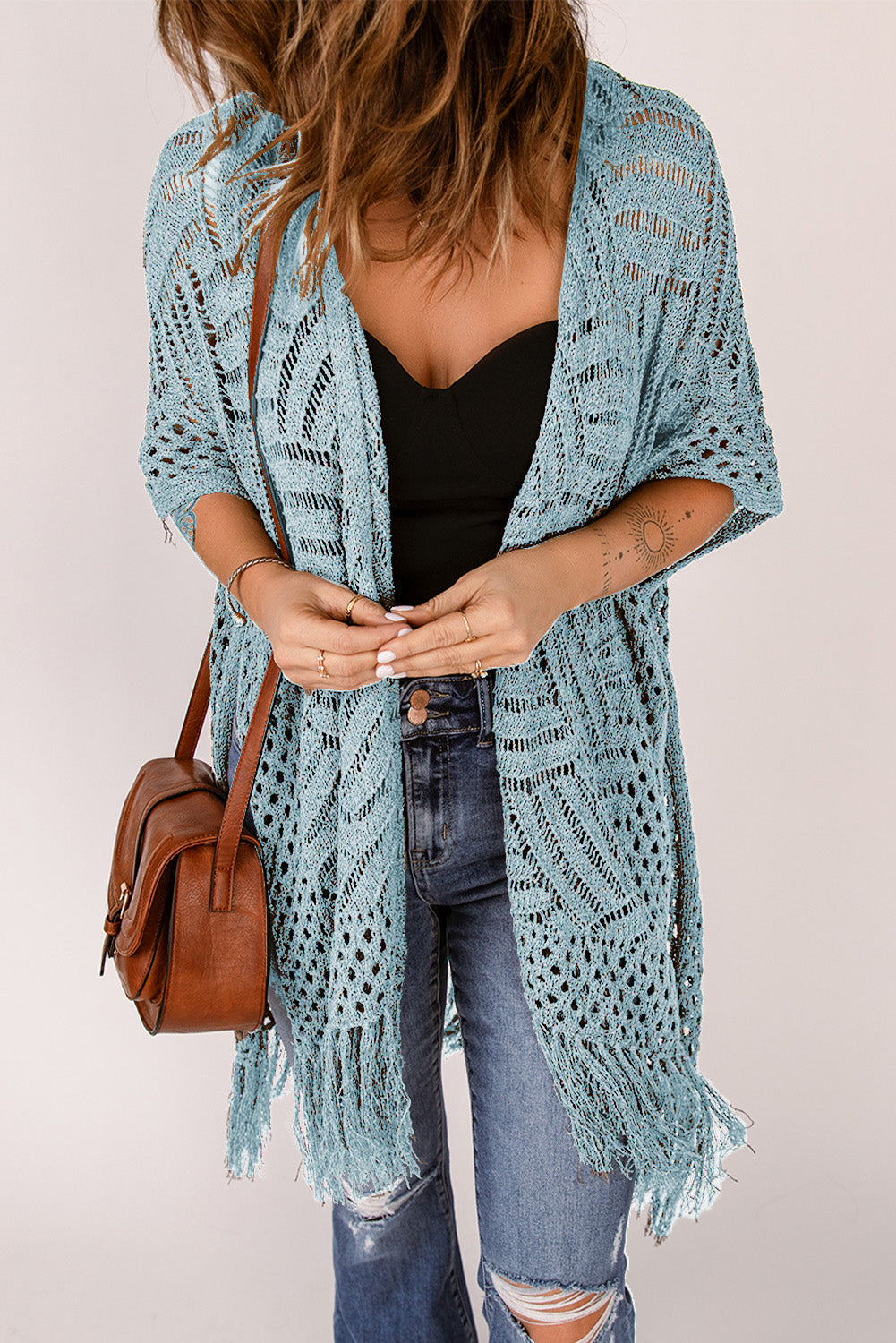 Openwork Open Front Cardigan with Fringes Light Blue One Size