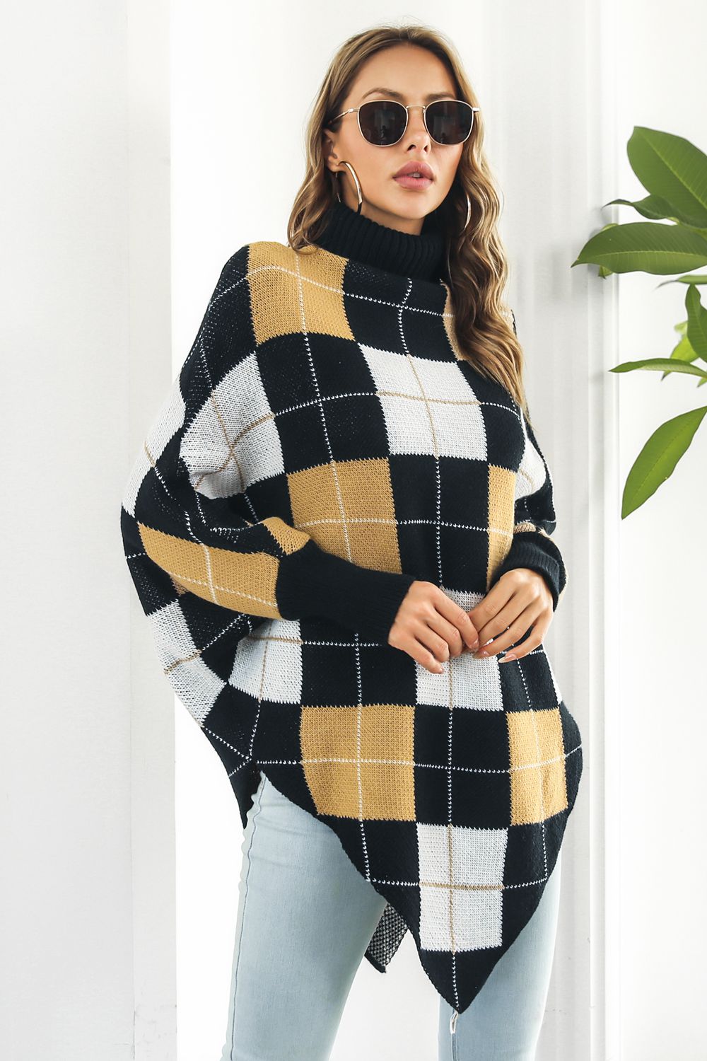 Plaid Turtleneck Dolman Sleeve Poncho - Thandynie