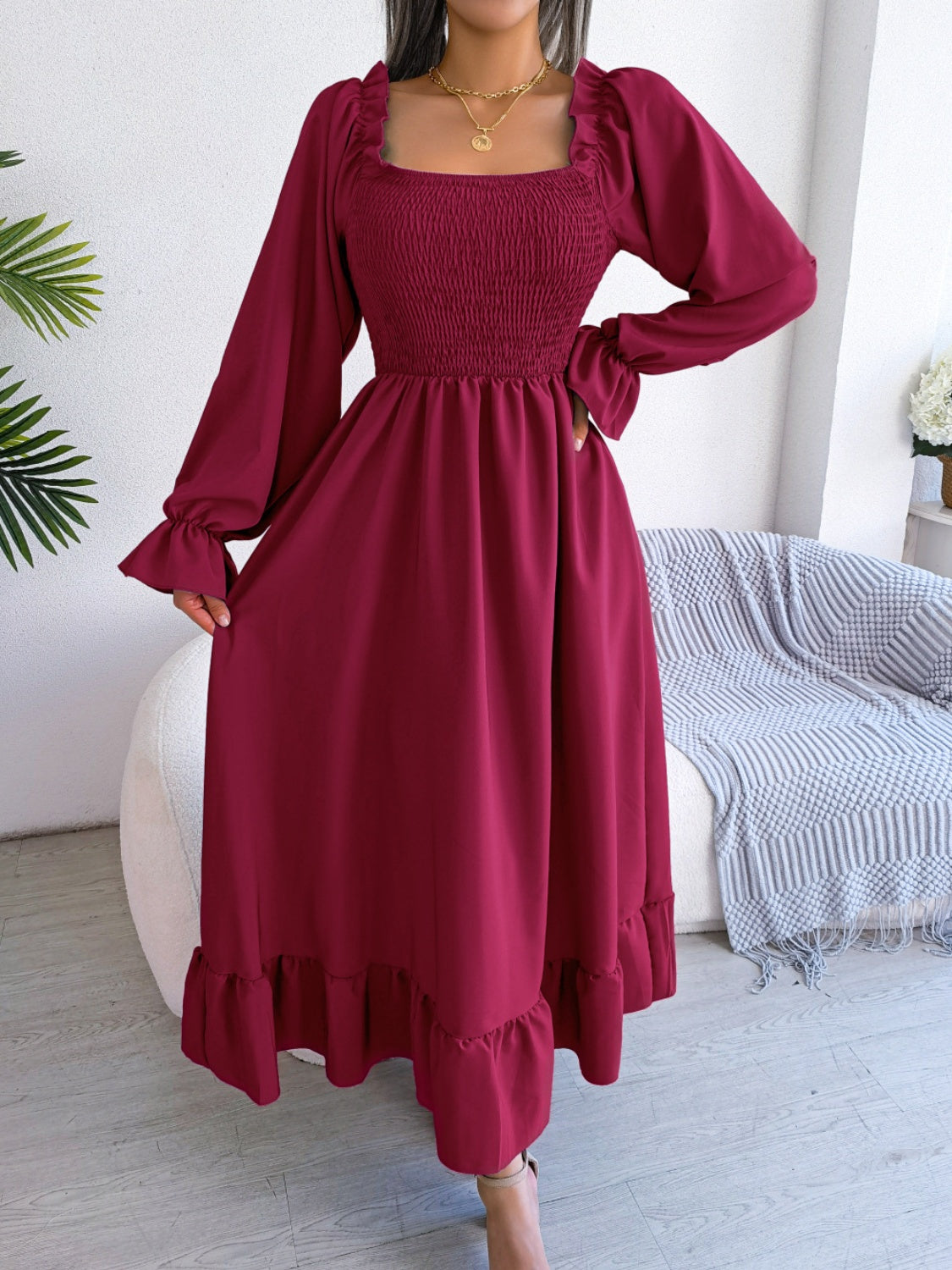 Smocked Square Neck Flounce Sleeve Dress Burgundy