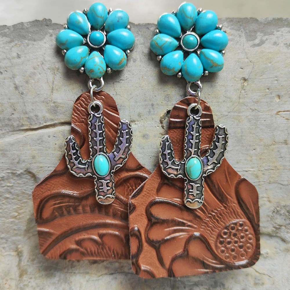 Turquoise Cactus Dangle Earrings Brown One Size